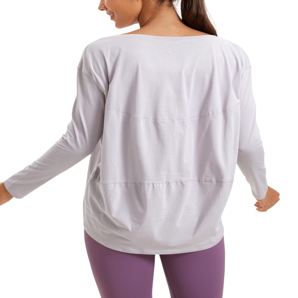 CRZ YOGA Pima Cotton Boat Neck Long Sleeve Shirts for Women - Workout Athletic Yoga Casual Tops Loose Fit Fall T-Shirts Iced Iris Medium