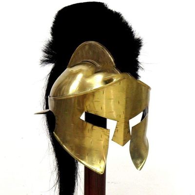 Medieval Brass Antique Spartan Helmet with Black Plume Halloween Costume