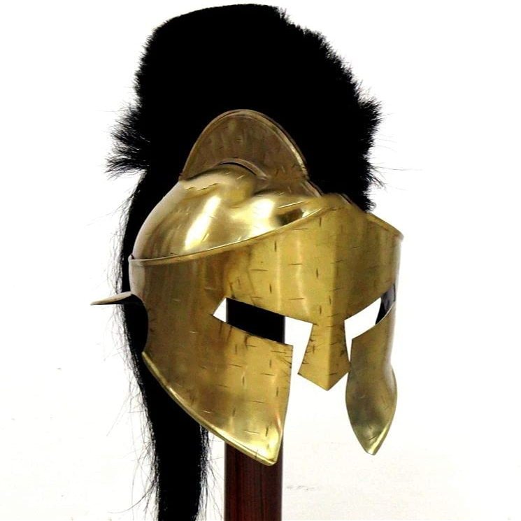 Medieval Brass Antique Spartan Helmet with Black Plume Halloween Costume