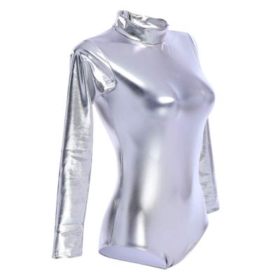 FYMNSI Women's Shiny Metallic Long Sleeve Turtleneck Gymnastics Leotards One Piece Dance Ballet Bodysuit (Silver, L)