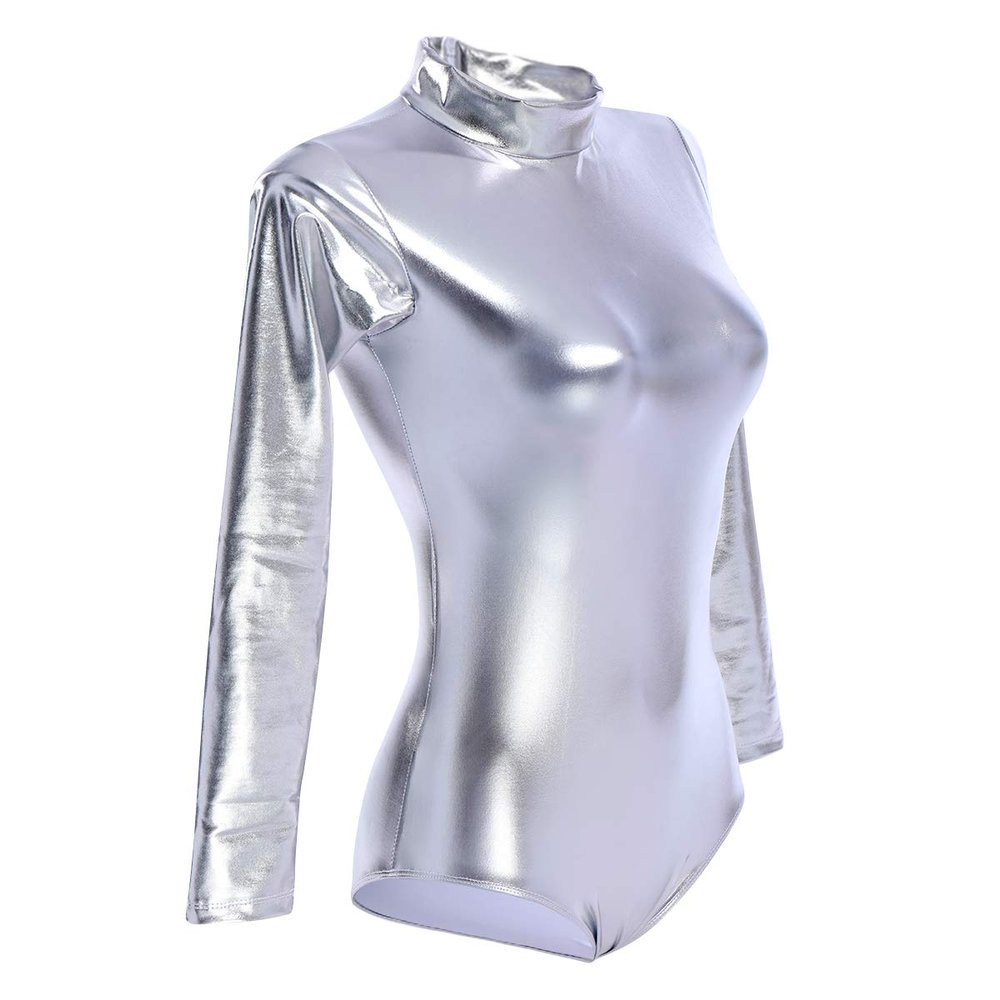 FYMNSI Women's Shiny Metallic Long Sleeve Turtleneck Gymnastics Leotards One Piece Dance Ballet Bodysuit (Silver, L)