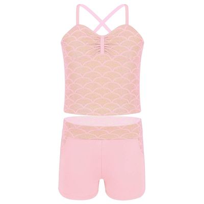 iEFiEL Girls' Kids Dance Sport Outfits Top and Booty Short Two Piece Tankini Bathing Suit Gymmnastics Dancing Swimming Outfit Pink Mermaid Scales 3-4