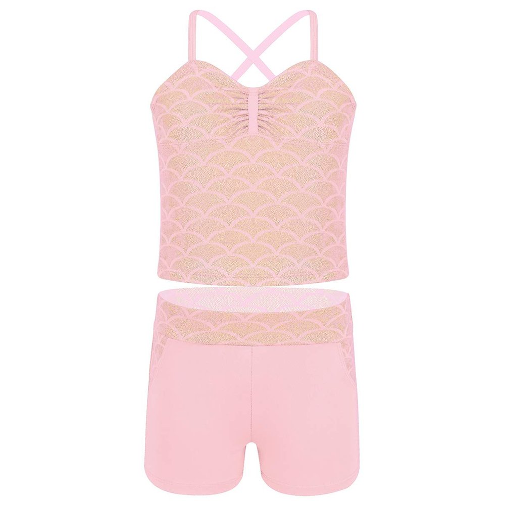 iEFiEL Girls' Kids Dance Sport Outfits Top and Booty Short Two Piece Tankini Bathing Suit Gymmnastics Dancing Swimming Outfit Pink Mermaid Scales 3-4