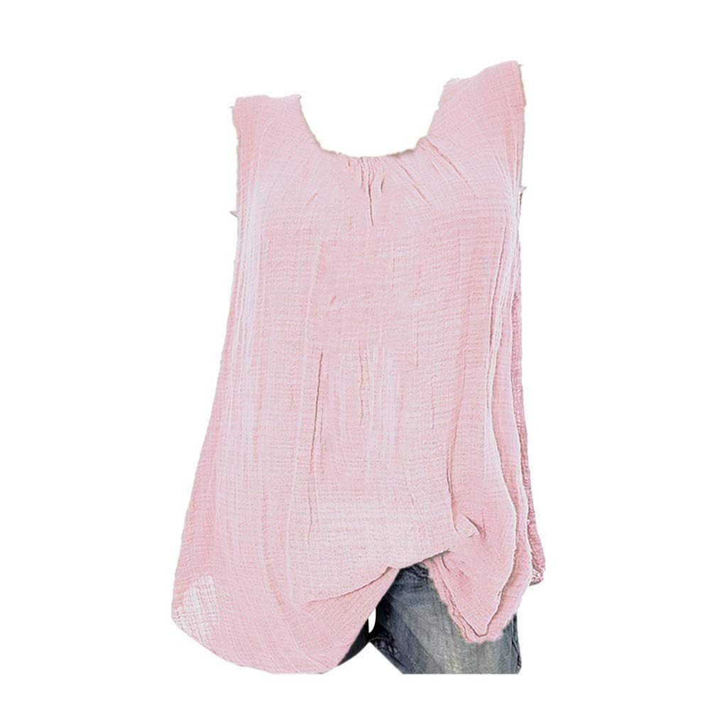 Wokasun.JJ Womens Cotton Linen Blouse,Ladies Sleeveless Baggy T-Shirt Vest Summer Fashion Plus Size Tee Blouse Tank Tops(Pink,XXXXXL)