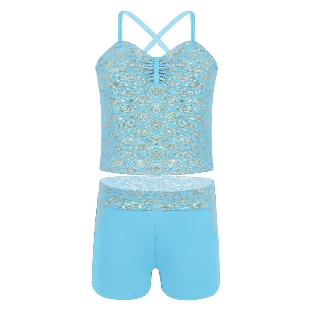 Alvivi Kids Girls Sports Dance Crop Top with Booty Shorts Outfit Costumes Gymnastics Leotard Dancing (Fish Scale Sky Blue, 3-4)