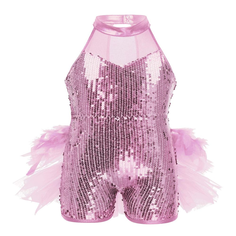 Alvivi Kids Girls Sparkly Sequined Dance Leotard with Feathers Tulle Jumpsuit Stage Performance Unitards Pink 8-10