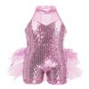 Alvivi Kids Girls Sparkly Sequined Dance Leotard with Feathers Tulle Jumpsuit Stage Performance Unitards Pink 8-10 view 1