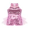 Alvivi Kids Girls Sparkly Sequined Dance Leotard with Feathers Tulle Jumpsuit Stage Performance Unitards Pink 8-10 view 3