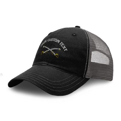 Custom Trucker Hat Richardson Cavalry Crossed Sabers - Cav Brass Sewed Cotton Soft Mesh Cap Snaps Black/Charcoal Personalized Text Here