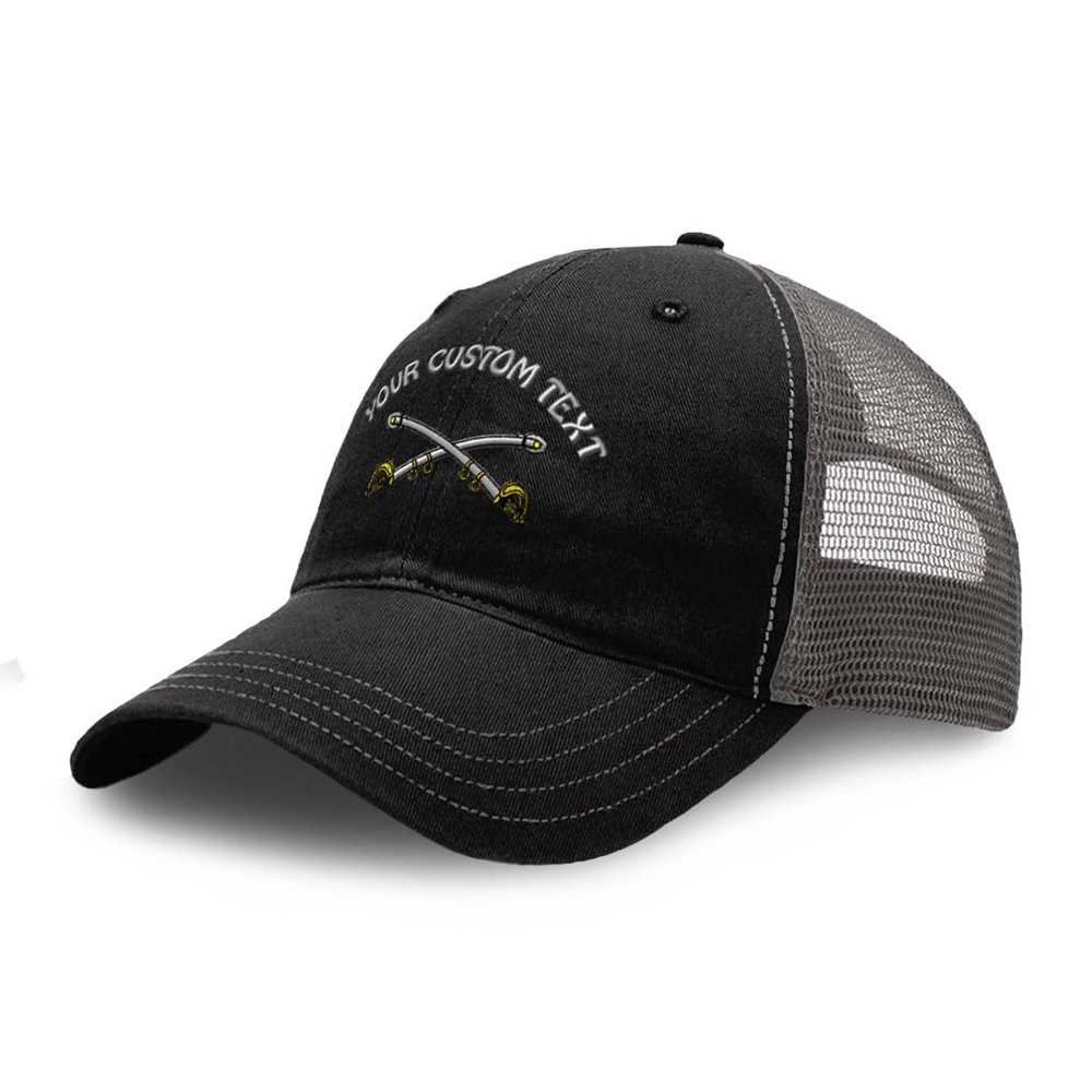 Custom Trucker Hat Richardson Cavalry Crossed Sabers - Cav Brass Sewed Cotton Soft Mesh Cap Snaps Black/Charcoal Personalized Text Here