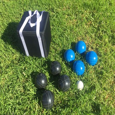 BuyBocceBalls Listing - Unique Bocce Set - 107mm with Blue and Black Balls, Black Bag
