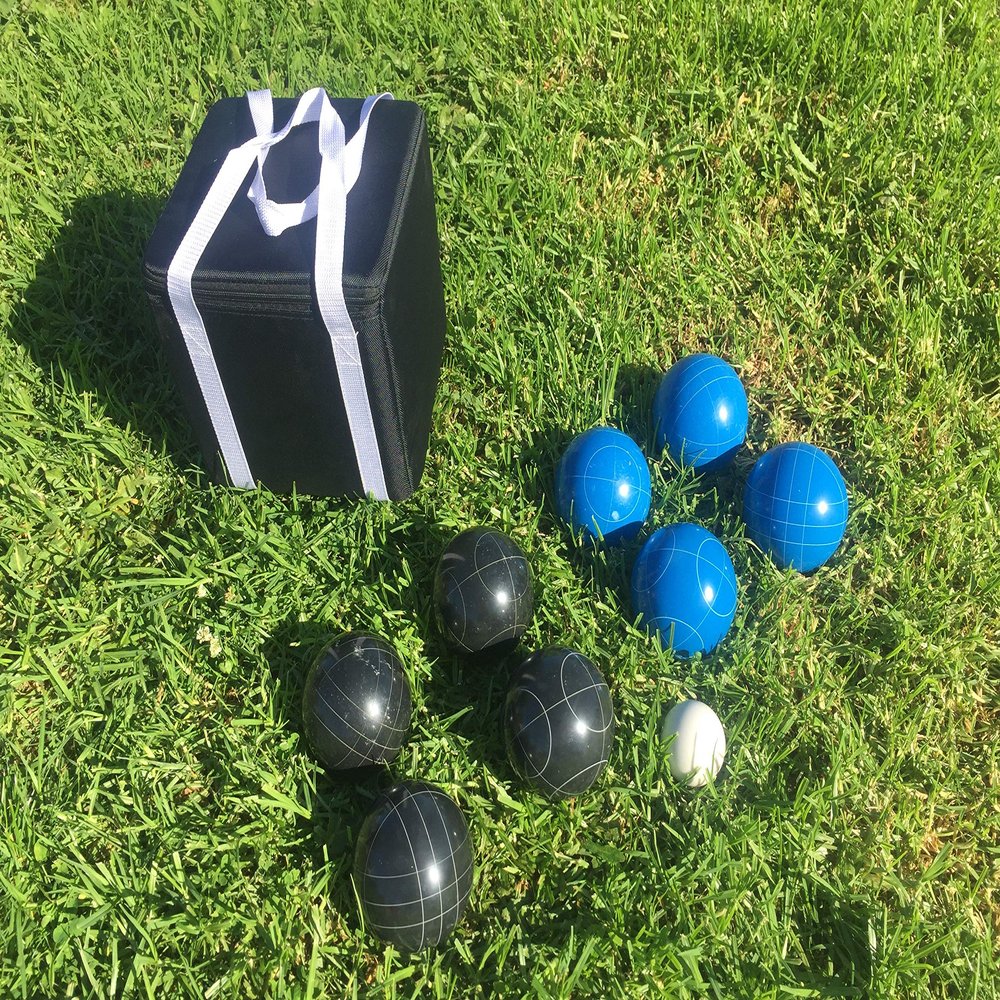 BuyBocceBalls Listing - Unique Bocce Set - 107mm with Blue and Black Balls, Black Bag