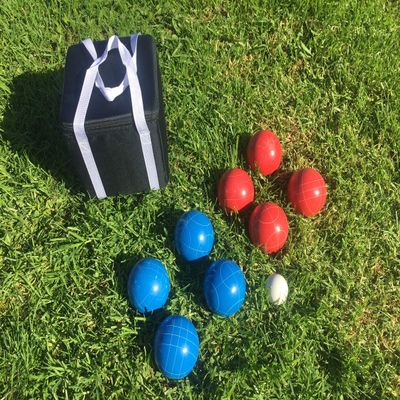 BuyBocceBalls Listing - Unique Bocce Set - 107mm with Blue and Red Balls, Black Bag