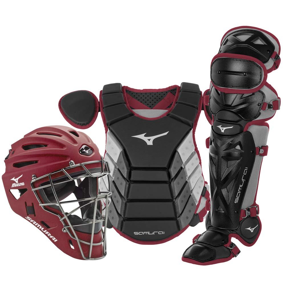 Mizuno Samurai Adult Baseball Catcher's Gear Box Set, Black-Maroon, 15" Adult