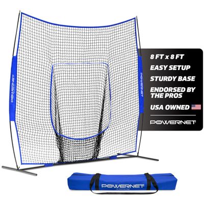 PowerNet 8x8 FT Baseball Net, Portable Outdoor Softball & Baseball Training Equipment, Throwing & Pitching Net with Carrying Bag (Blue)