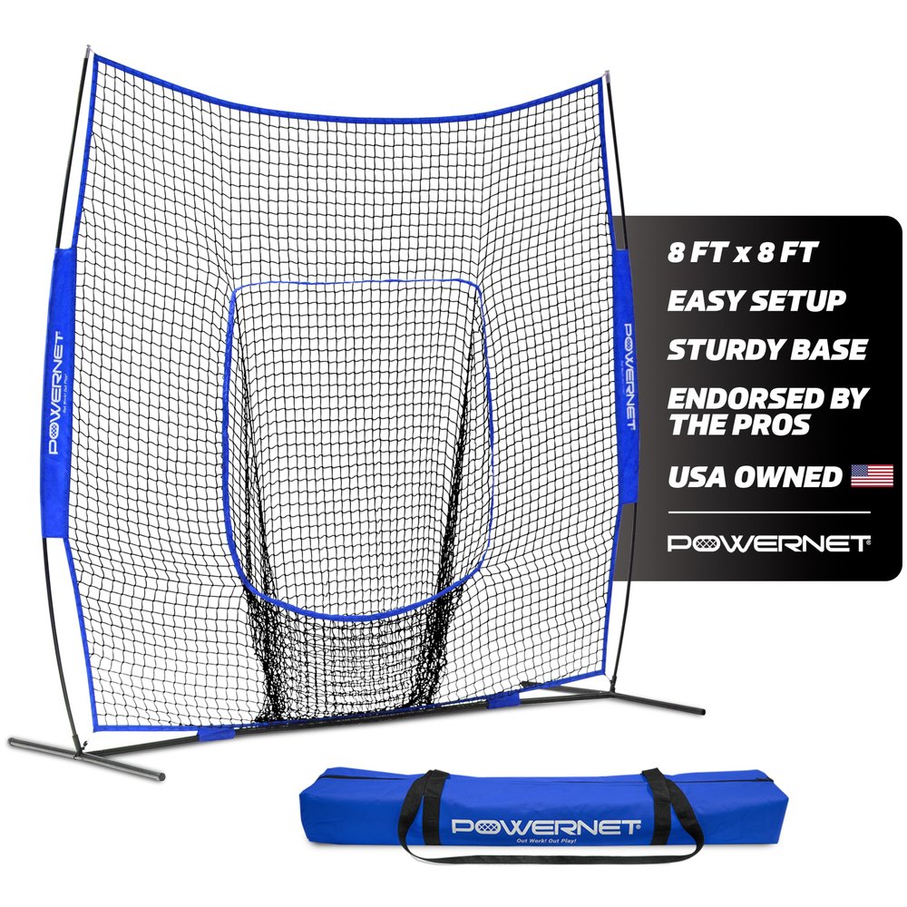 PowerNet 8x8 FT Baseball Net, Portable Outdoor Softball & Baseball Training Equipment, Throwing & Pitching Net with Carrying Bag (Blue)