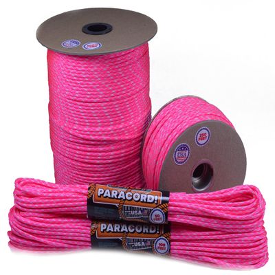 10', 25', 50', 100' Hanks, 250 Ft and 1000Ft Spools of Parachute 550 Cord Type III 7 Strand Paracord - Neon Pink White Camo - 250 Ft Spool