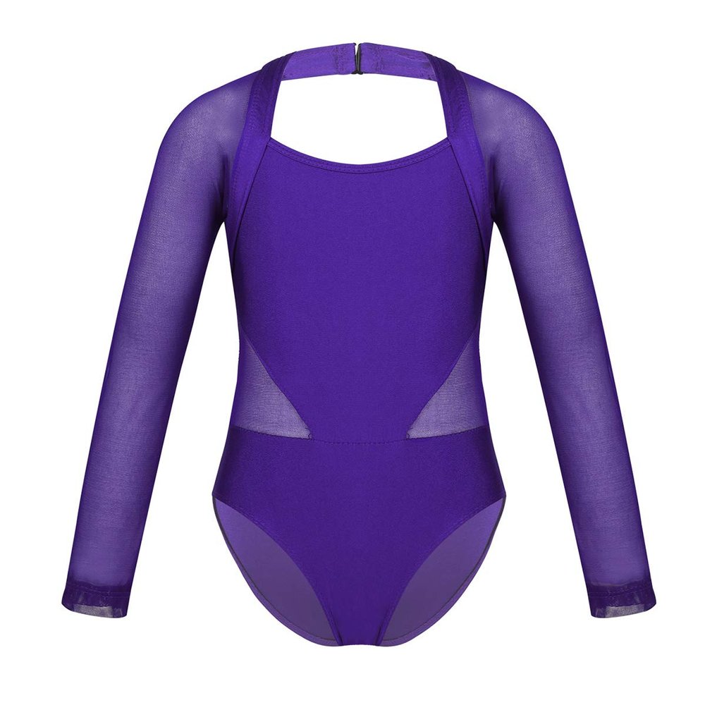 ranrann Girls Ballet Dance Cutout Back Long Sleeves Mesh Splice Gymnastics Leotard Tumblewear Purple 3-4