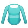 Alvivi Little Big Girls Halter Square Neck Sheer Mesh Long Sleeve Gymnastics Leotard Sports Tank Top Ballet Dance wear Costume Turquoise 3-4 view 2