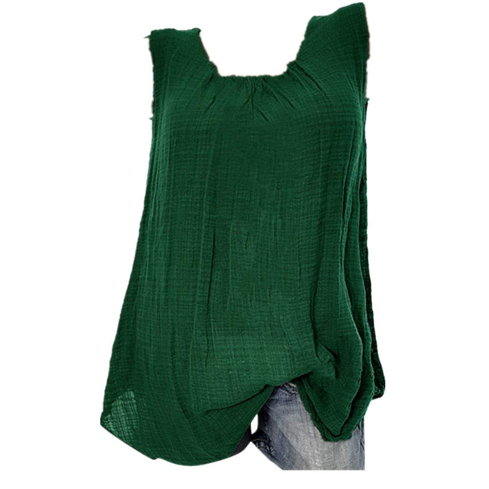 Wokasun.JJ Womens Cotton Linen Blouse,Ladies Sleeveless Baggy T-Shirt Vest Summer Fashion Plus Size Tee Blouse Tank Tops(Green,M)
