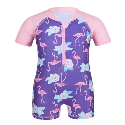 Freebily Infant Baby Girls Short Sleeves Flower Flamingo Rash Guard Tshirt Swimsuit Front Zipper Bather Surfing Suits Pink&Lavender 0-6 Months