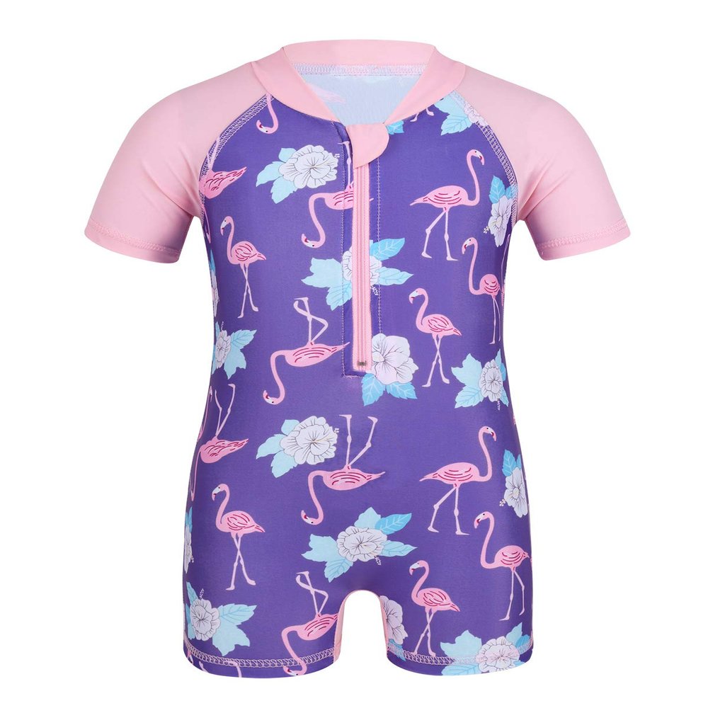 Freebily Infant Baby Girls Short Sleeves Flower Flamingo Rash Guard Tshirt Swimsuit Front Zipper Bather Surfing Suits Pink&Lavender 0-6 Months
