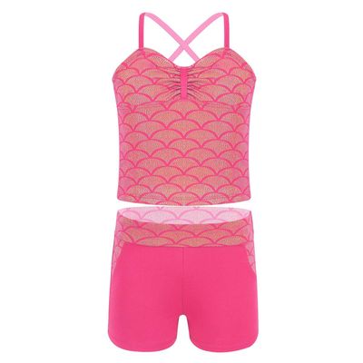Alvivi Kids Girls Sports Dance Crop Top with Booty Shorts Outfit Costumes Gymnastics Leotard Dancing (Fish Scale Rose Red, 3-4)