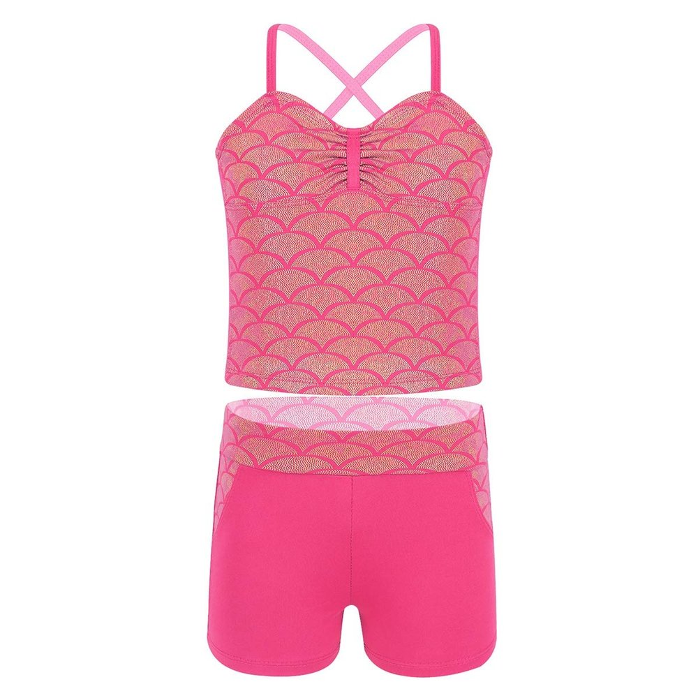 Alvivi Kids Girls Sports Dance Crop Top with Booty Shorts Outfit Costumes Gymnastics Leotard Dancing (Fish Scale Rose Red, 3-4)