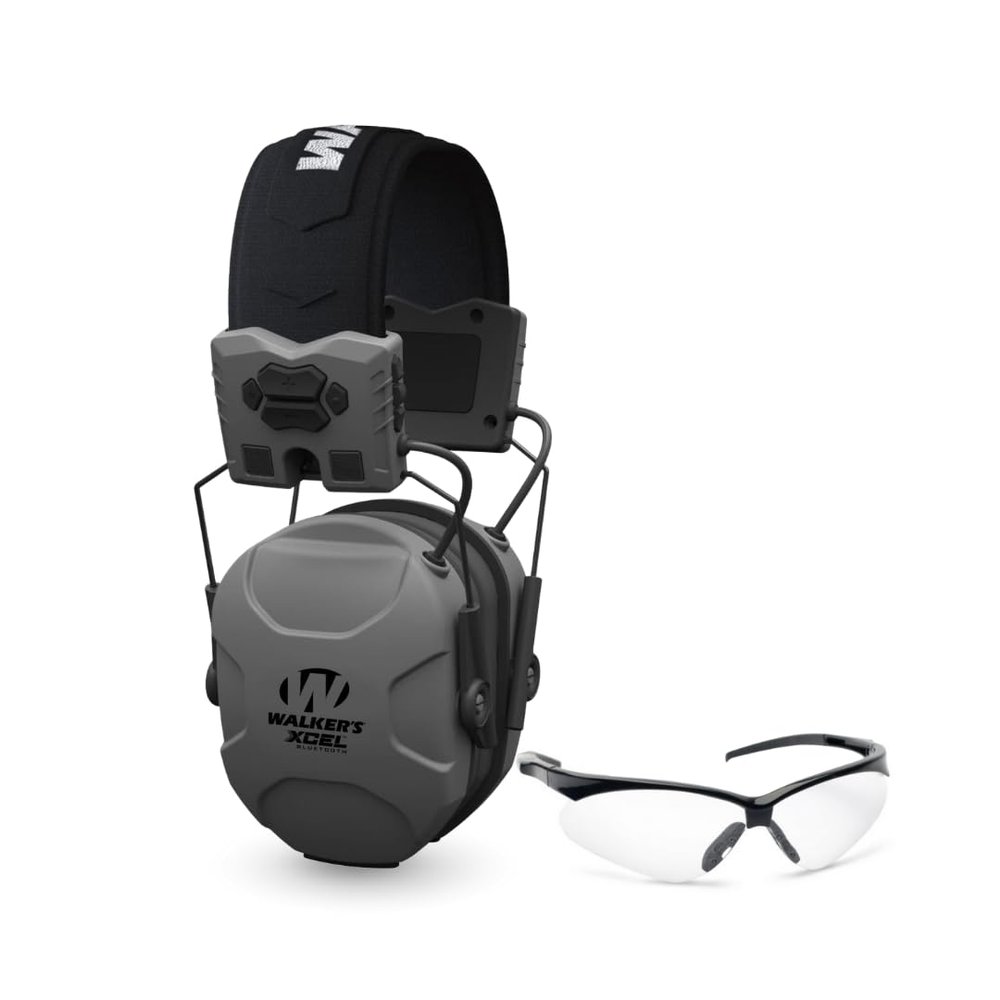 Walkers XCEL 500BT Digital Electronic Muff with Voice Clarity and Bluetooth and Crosshair Sport Shooting Glasses Bundle (2 Items)