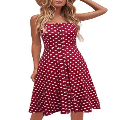 Berydress Women's Casual Beach Summer Dresses Solid Cotton Flattering A-Line Spaghetti Strap Button Down Midi Sundress (M, 6046-Red Dot)