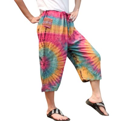 RaanPahMuang Pullstring Short Tie Dye Pants Rayon Fabric, Medium, Pink Yellow