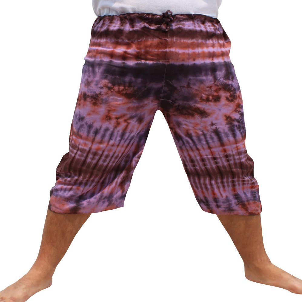 RaanPahMuang Pullstring Short Tie Dye Pants Rayon Fabric, Medium, Purple