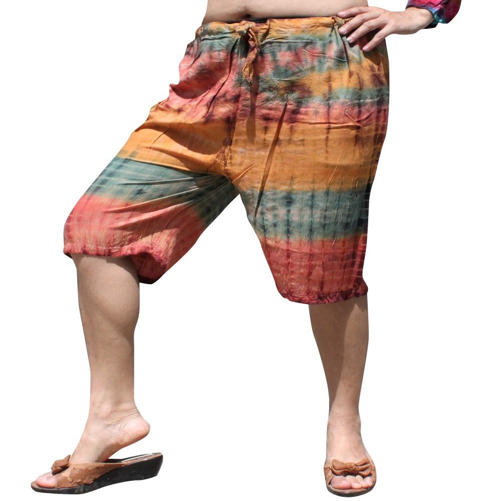RaanPahMuang Pullstring Short Tie Dye Pants Rayon Fabric, Medium-Large, Fulvous Yellow Green