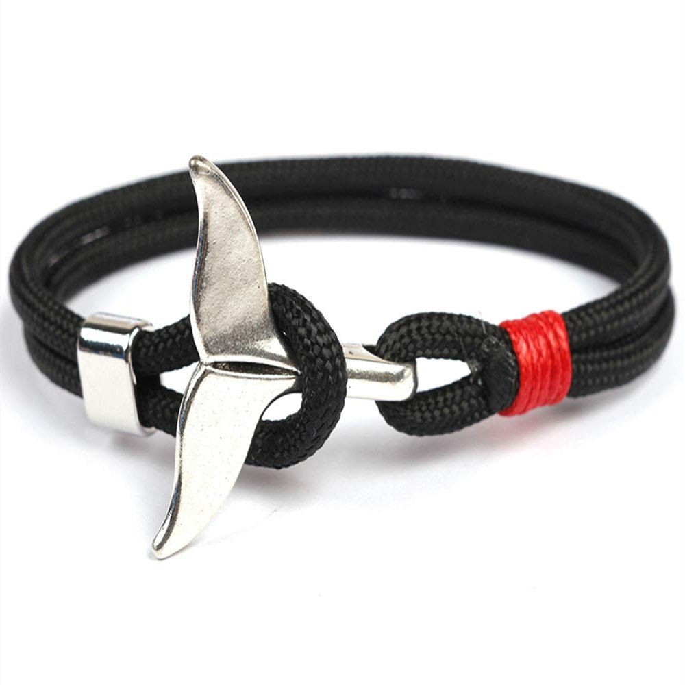 Unisex Nylon Paracord Rope Whale Tail Bracelet for Men and Women 8 Inches (Black)