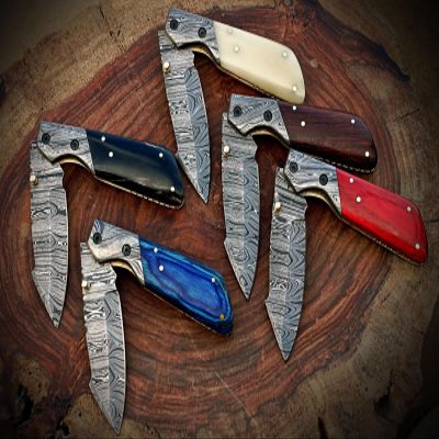 Lot of 5 pieces 8" long Folding Knife with pocket clip, Hand forged Damascus steel 4" blade. 5 colors scale with Damascus Bolster, Cow hide Leather sheath included with belt loop