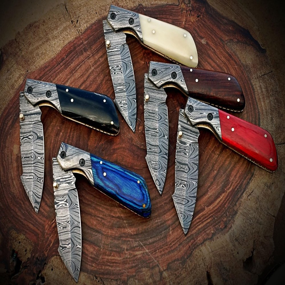 Lot of 5 pieces 8" long Folding Knife with pocket clip, Hand forged Damascus steel 4" blade. 5 colors scale with Damascus Bolster, Cow hide Leather sheath included with belt loop