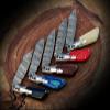 Lot of 5 pieces 8" long Folding Knife with pocket clip, Hand forged Damascus steel 4" blade. 5 colors scale with Damascus Bolster, Cow hide Leather sheath included with belt loop view 2