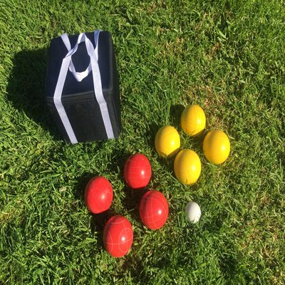 BuyBocceBalls Listing - Unique Bocce Set - 107mm with Yellow and Red Balls, Black Bag