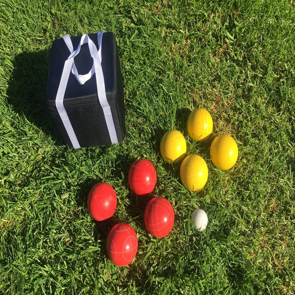 BuyBocceBalls Listing - Unique Bocce Set - 107mm with Yellow and Red Balls, Black Bag