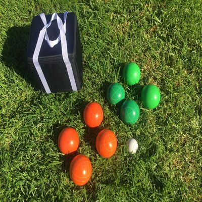 BuyBocceBalls Listing - Unique Bocce Set - 107mm with Green and Orange Balls, Black Bag