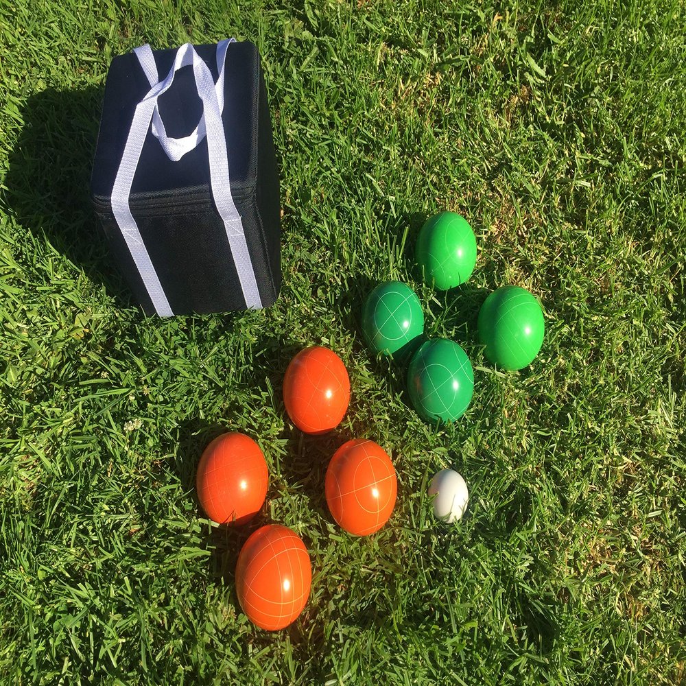 BuyBocceBalls Listing - Unique Bocce Set - 107mm with Green and Orange Balls, Black Bag
