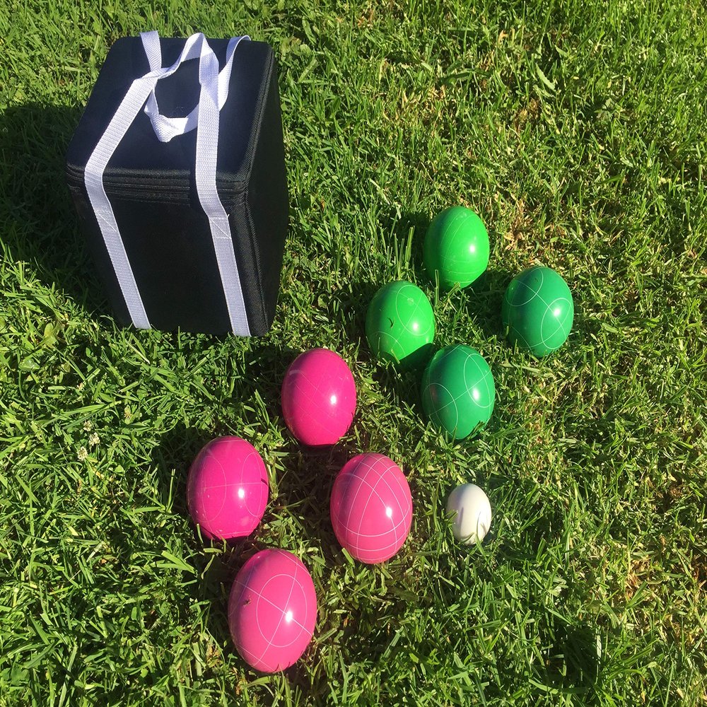 BuyBocceBalls Listing - Unique Bocce Set - 107mm with Green and Pink Balls, Black Bag