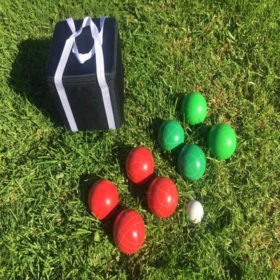 BuyBocceBalls Listing - Unique Bocce Set - 107mm with Green and Red Balls, Black Bag