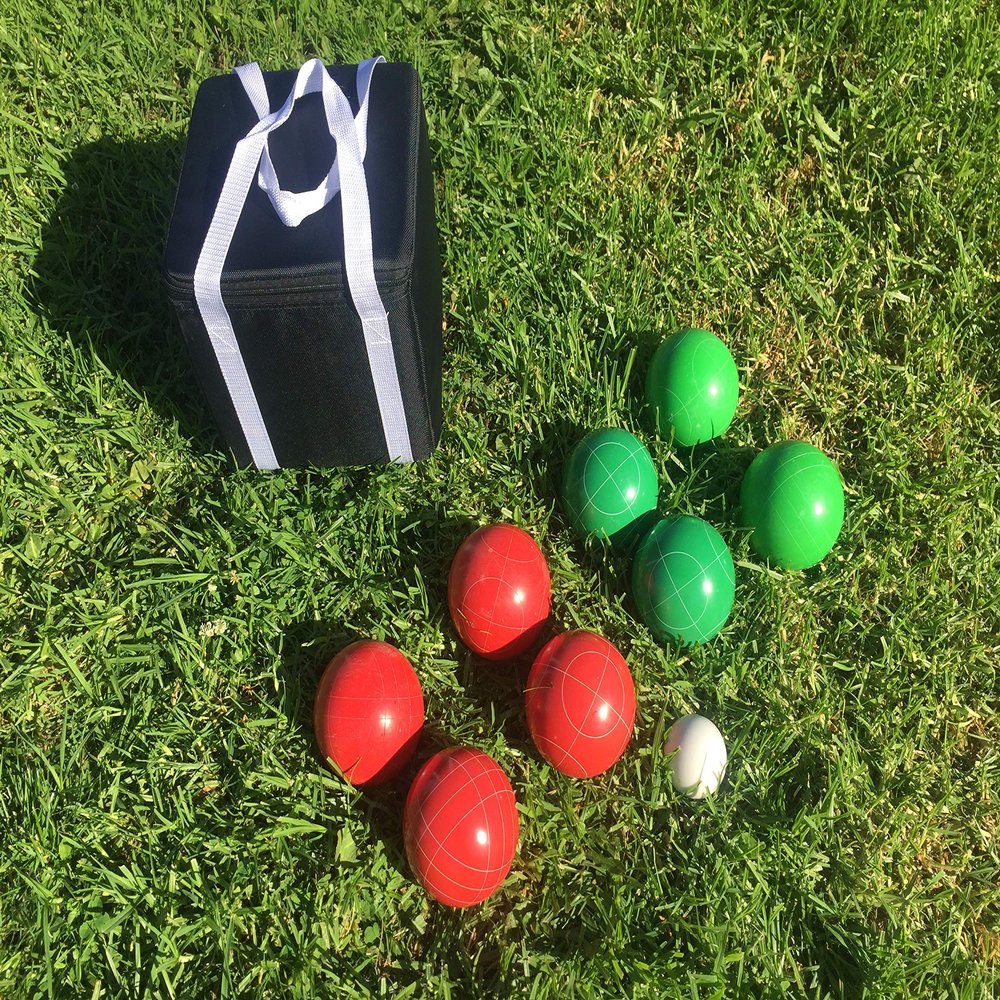 BuyBocceBalls Listing - Unique Bocce Set - 107mm with Green and Red Balls, Black Bag