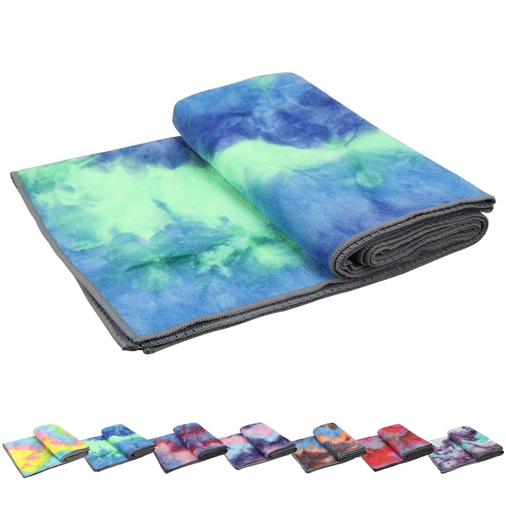Yoga Towels , Non Slip Hot Yoga Towel Skidless Waffle Texture, 100% Absorbent Odorless Microfiber Yoga Blanket, Standard Sized 24 inchx72 inch Mat Towel,for Hot Yoga, Bikram, Pilates (Bule & Green)1
