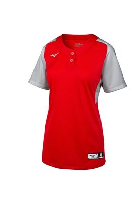Mizuno Aerolite 2-Button Fastpitch Softball Jersey, Red-Grey, XXX-Large