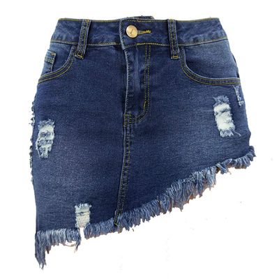 chouyatou Women's Stretch Fit 5-Pocket Irregular Frayed Hem Mini Denim Jean Skirt (Small, Dark Blue)