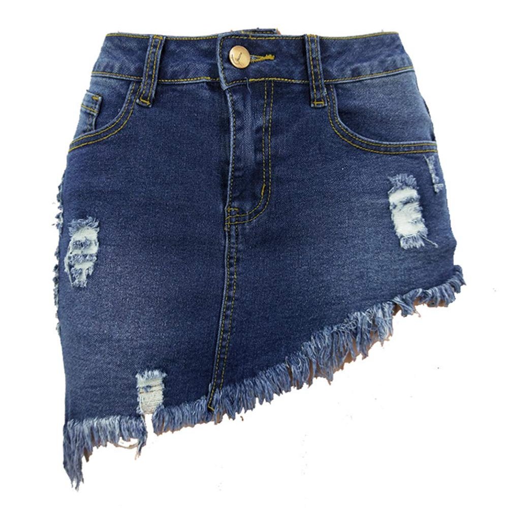 chouyatou Women's Stretch Fit 5-Pocket Irregular Frayed Hem Mini Denim Jean Skirt (Small, Dark Blue)