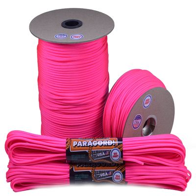 10', 25', 50', 100' Hanks, 250 Ft and 1000Ft Spools of Parachute 550 Cord Type III 7 Strand Paracord - Neon Pink - 100 Feet