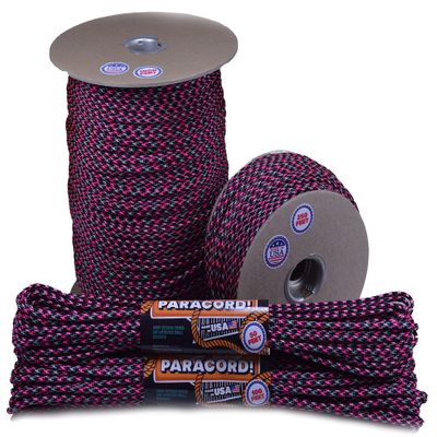 10', 25', 50', 100' Hanks, 250 Ft and 1000Ft Spools of Parachute 550 Cord Type III 7 Strand Paracord - Neon Pink Ninja - 1000 Ft Spool